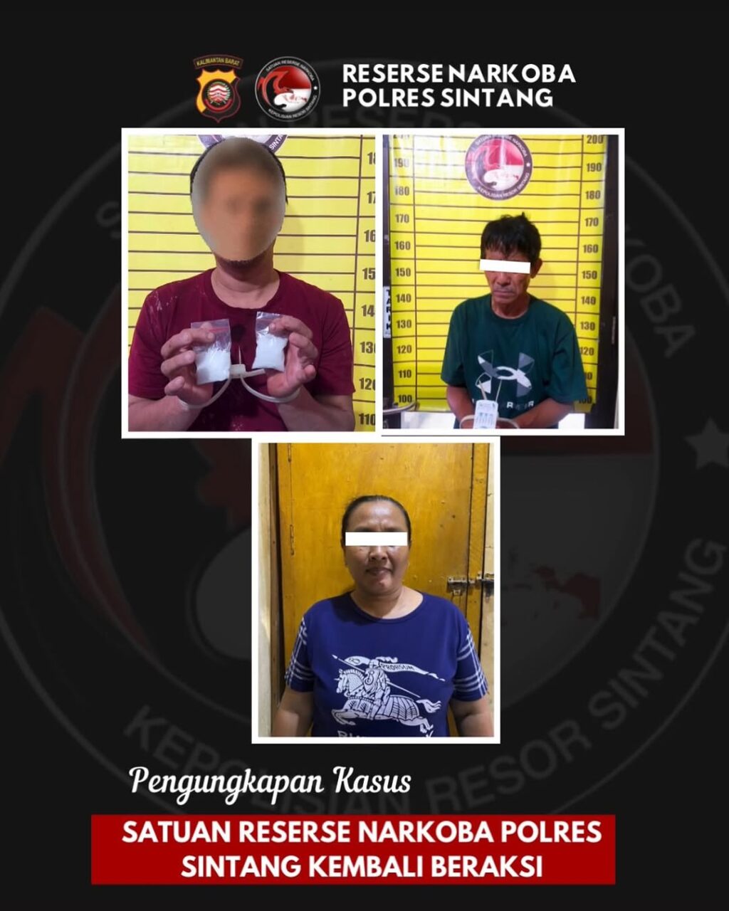 Satresnarkoba Polres Sintang berhasil menangkap pasangan suami istri dan satu rekannya dalam kasus peredaran narkotika di Desa Makong